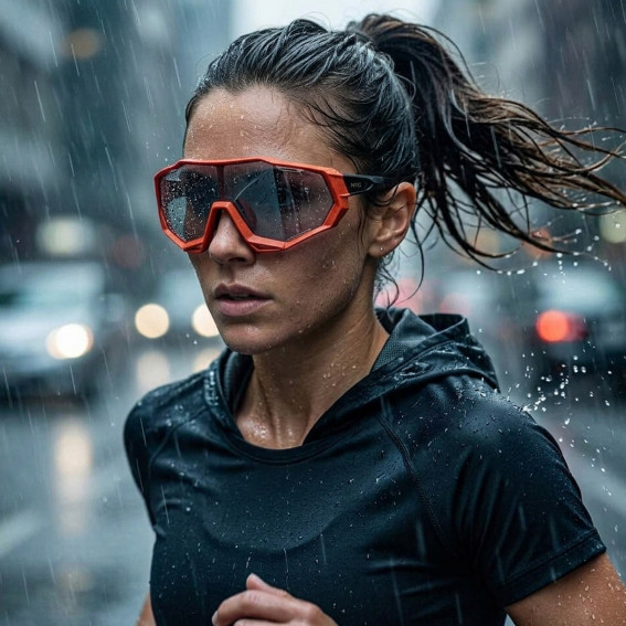 modella indossa occhiali da sole sportivi rosso opaco lente nero sfumato corsa professionistica con pioggia